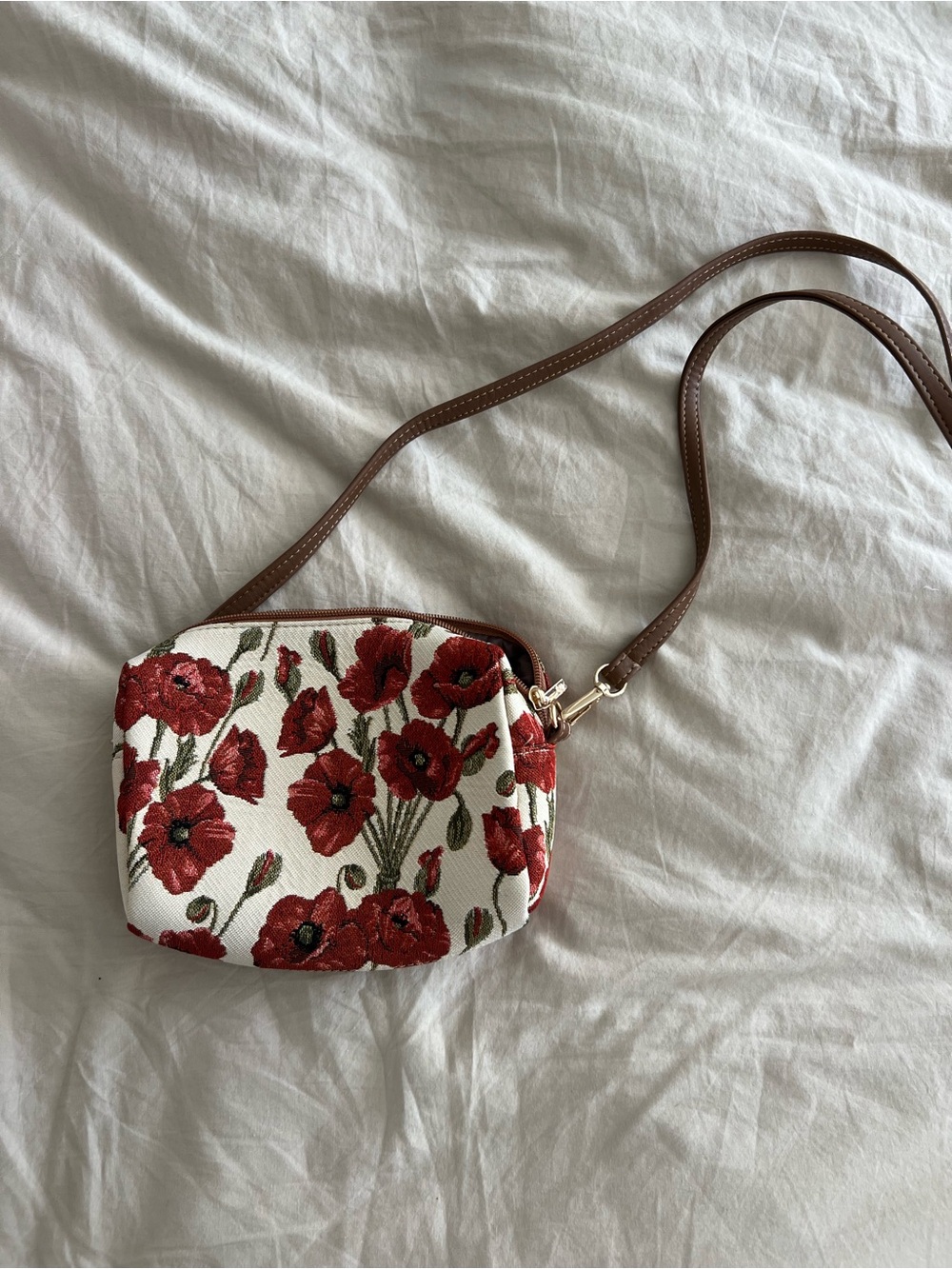 Floral Red Poppy Crossbody Bag with Brown Strap